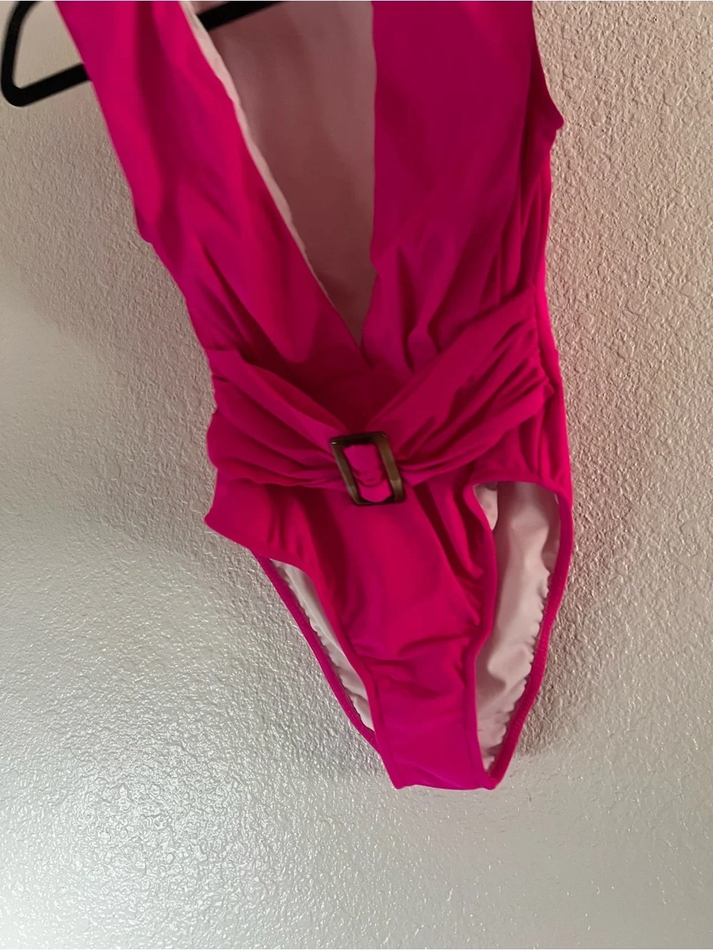 Swim Solutions Hot Pink V-Neck One-Piece with Buckle Waist - Picture 3 of 5